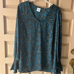 CAbi Teal and Black Leaf Pattern Blouse